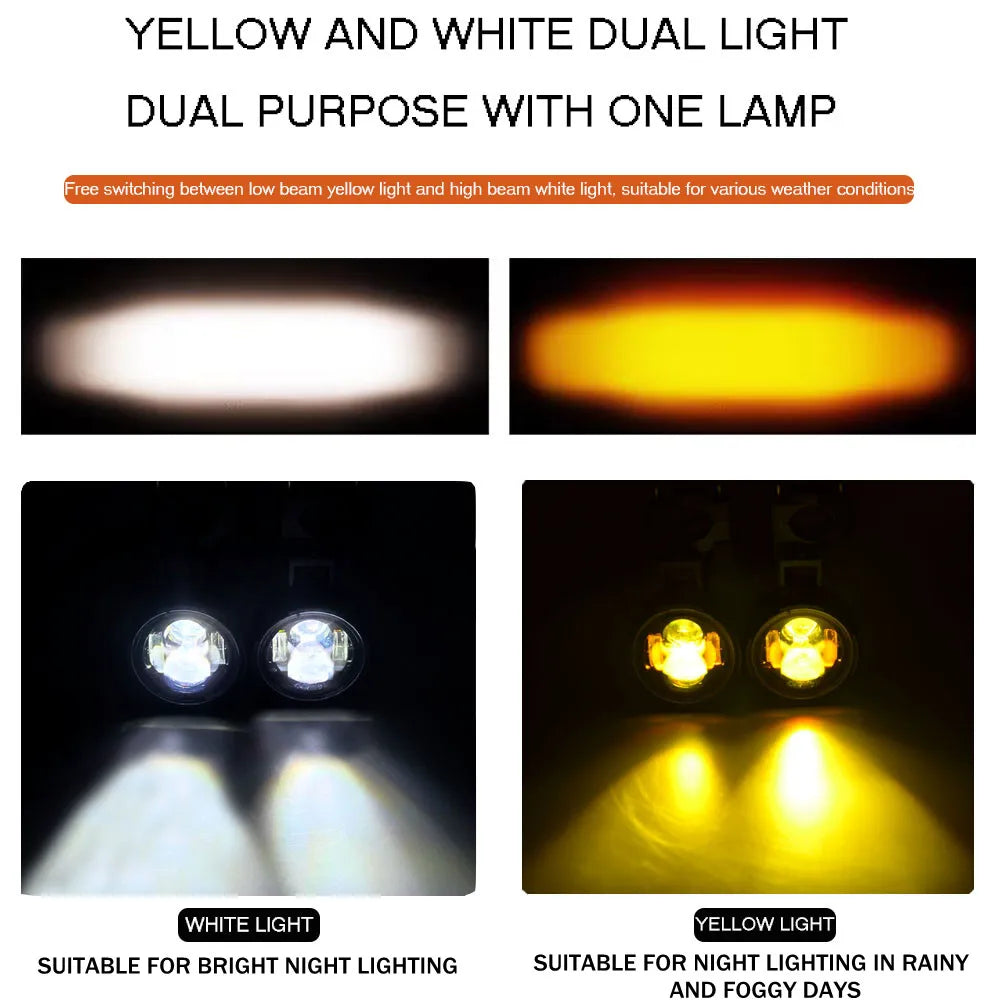 100W Dual Color LED Motorcycle Headlight Fog Lights - Auxiliary Driving Spotlight with Flasher, Pair