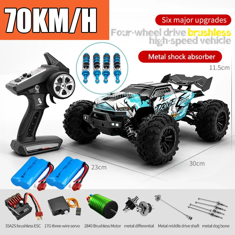RC Off-Road 4x4 Brushless Car – 70KM/H High-Speed 1/16 4WD Monster Truck with LED Lights for Kids