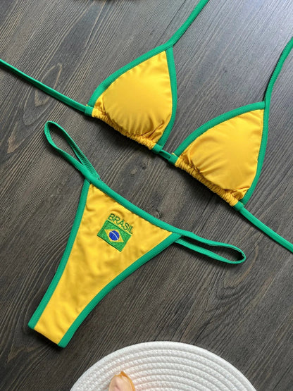 Women’s Brazil Flag Embroidery Bikini Set – Contrast Split Patchwork Swimsuit, Sexy Summer Beachwear Outfit