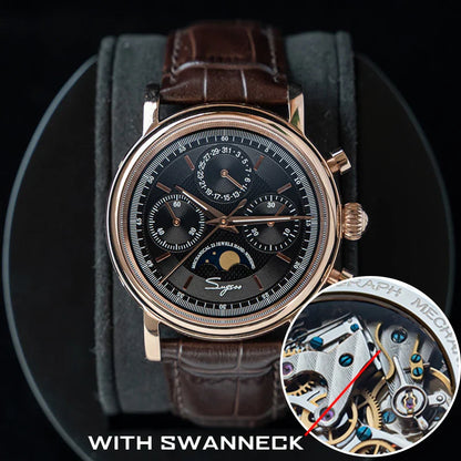 Sugess ST1908 Mechanical Chronograph Watch for Men – Swan Neck Movement, Moonphase Calendar, Vintage Leather Strap, 2023 Model