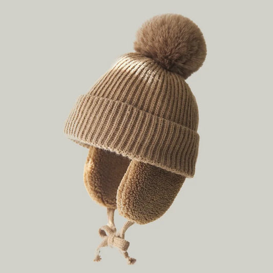 Winter Baby Beanie Hat with Pompom & Earflaps – Thick Wool Plush Knitted Cap for Girls & Boys, Ages 2-8T