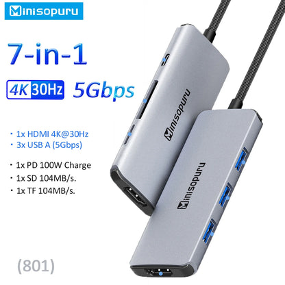 Minisopuru USB C Hub 10Gbps – USB 3.2 Type-C to USB Adapter with 100W PD for MacBook Pro, iMac & PC Accessories