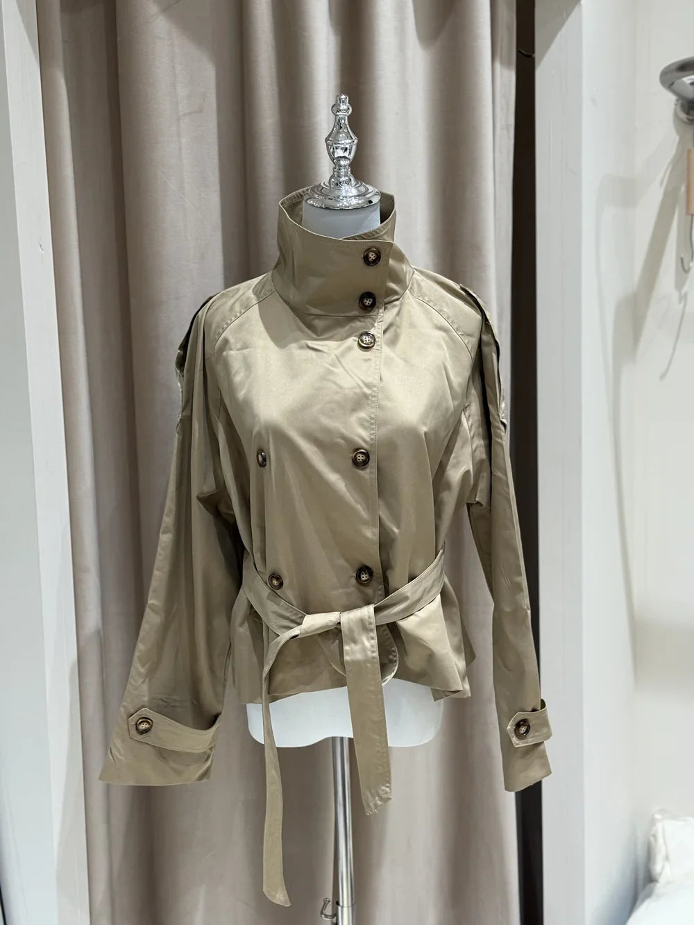 Women’s Belted Cropped Trench Jacket, Double-Breasted Stand Collar Coat – Chic Vintage Casual Fall 2025 Outerwear