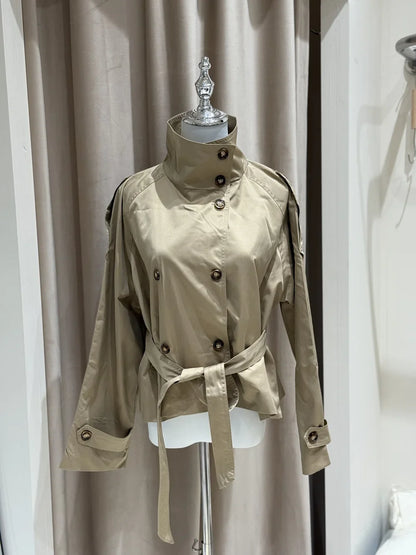 Women’s Belted Cropped Trench Jacket, Double-Breasted Stand Collar Coat – Chic Vintage Casual Fall 2025 Outerwear