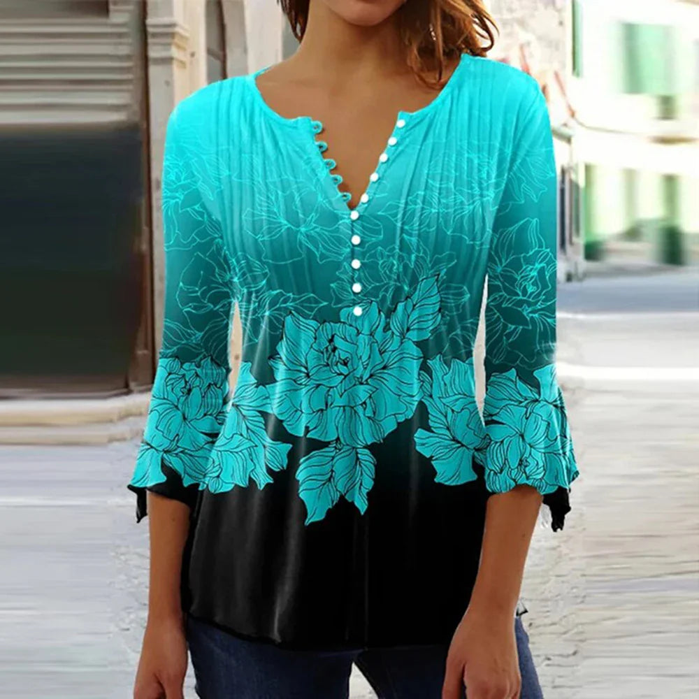 2024 Trendy 3D Printed Women’s Blouse Shirt – V Neck Button-Up 3/4 Sleeve Elegant Spring Summer Fashion Top
