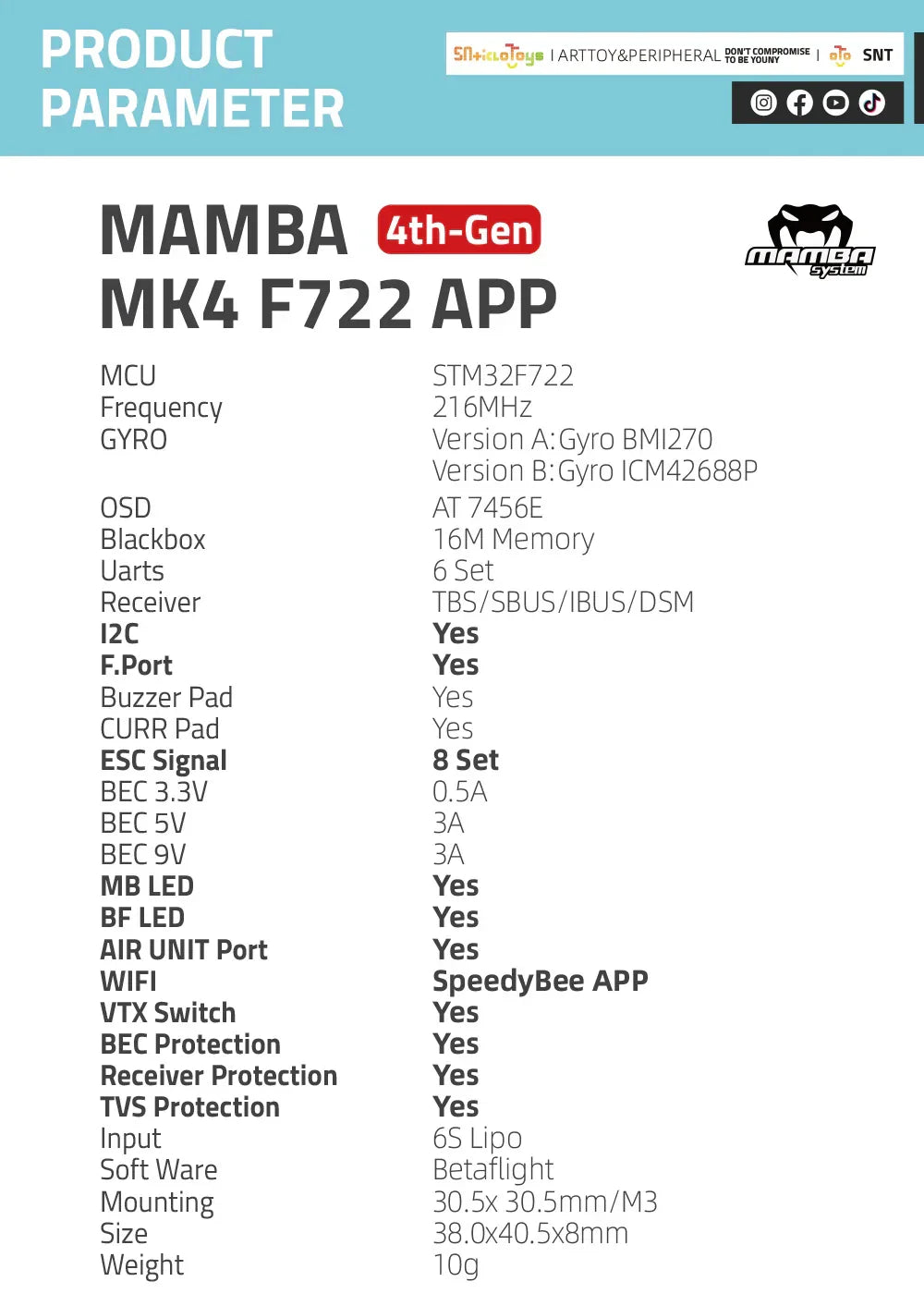 Diatone MAMBA F722 APP MK4 Flight Controller Stack — F7 4-in-1 BLHeli32 45A/55A/65A ESC 6S DShot1200 for FPV Drone