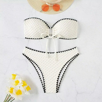 White 2-Piece Strapless Swimwear – Sexy Bandeau Backless Lace-Up Patchwork Bikini Set for Women, 2025 New