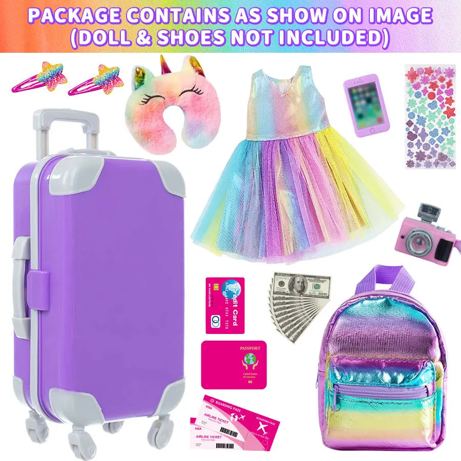18-Inch Doll Clothes & Accessories Travel Set – Includes Pillow, Unicorn Bag, Camera, Computer, Phone & Passport, Gift for Kids