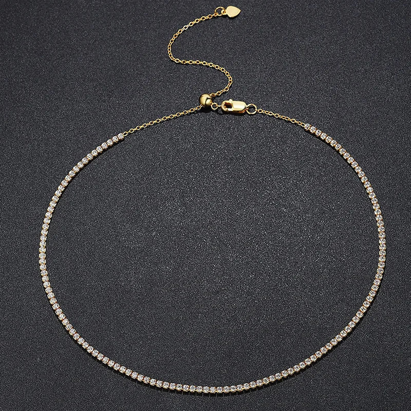 2mm Moissanite Tennis Necklace for Women – S925 Silver, 18K Gold Plated Adjustable Choker Wedding Jewelry