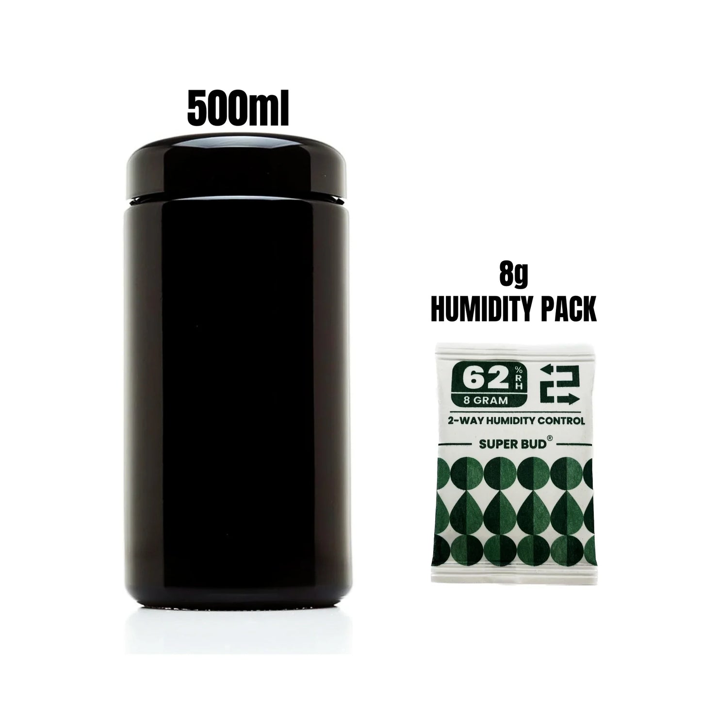 Airtight UV Glass Jar — Smell-Proof 1/2oz-1L Container with 2-Way 62% Humidity Pack to Keep Goods Fresh