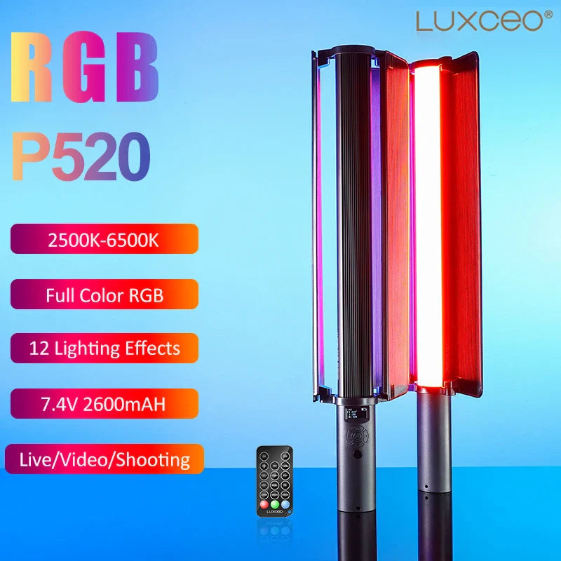 LUXCEO P520 RGB LED Video Light Stick 2500K-6500K Handheld Photography Studio Lamp Portable Camera Light for TikTok & Vlogging
