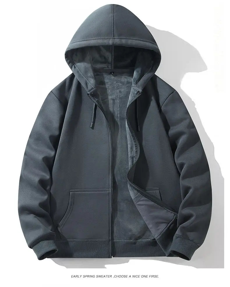 Zipper Hooded Sweatshirt – Autumn Winter Fleece-Lined Cotton Cardigan for Men & Women, Solid Color Y2K Style