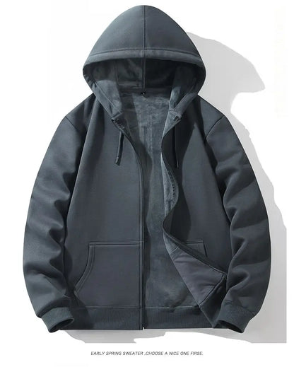 Zipper Hooded Sweatshirt – Autumn Winter Fleece-Lined Cotton Cardigan for Men & Women, Solid Color Y2K Style