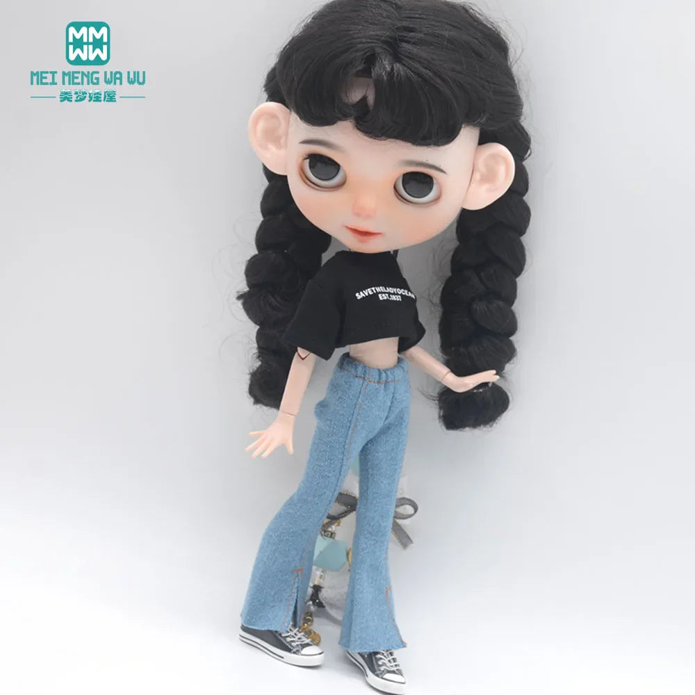 Blythe Doll Clothes – Fashion Tops, Black & White Shirts with Jeans & Plaid Pants for Azone OB22/OB24 Dolls