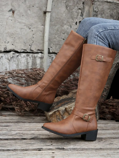 Women’s Winter High-Top Knight Boots – Side Zipper & Belt Buckle, Pointed Toe, PU Material with Cotton Lining