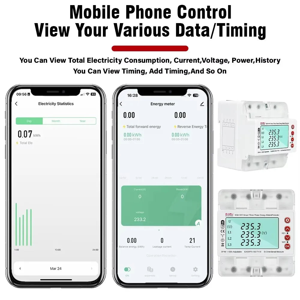 Tuya WiFi 3-Phase 380V Smart Energy Meter – Bi-Directional kWh Power Monitor with Over/Under Voltage Protection & Current Limit Relay Switch