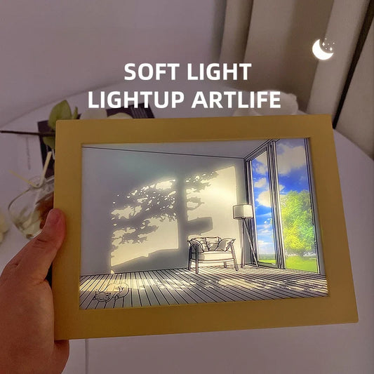 LED Light Painting Wall Art Lamp – Wooden Sunlight Window Dimmable Indoor Night Light Home Decor Table & Bedroom Lighting