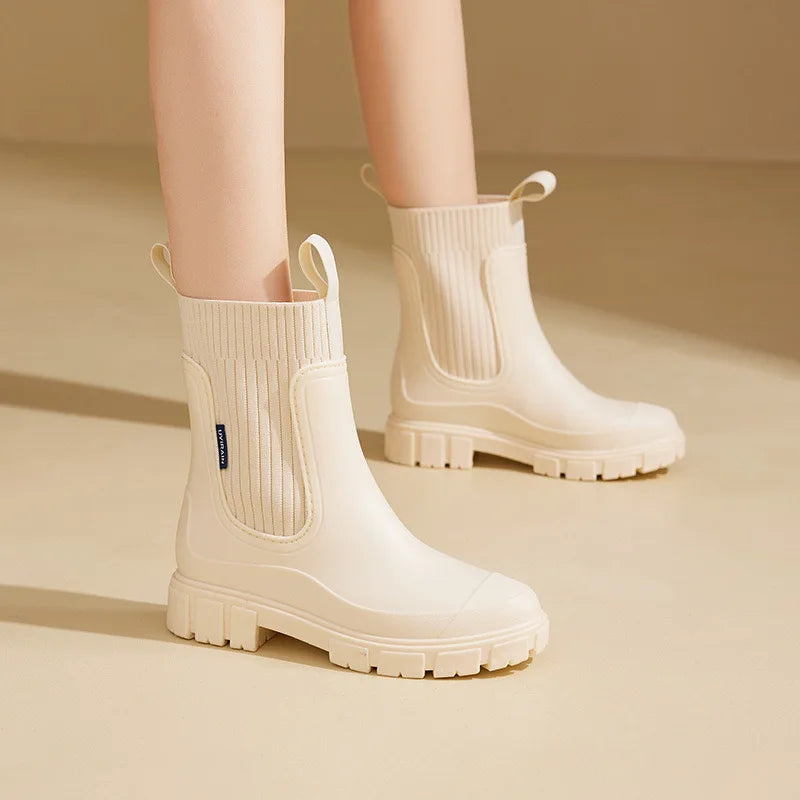 Women’s Mid-Calf PVC Rain Boots – Waterproof Solid Round Toe Platform Shoes