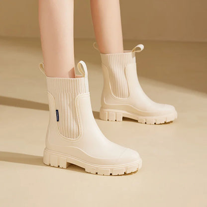Women’s Mid-Calf PVC Rain Boots – Waterproof Solid Round Toe Platform Shoes