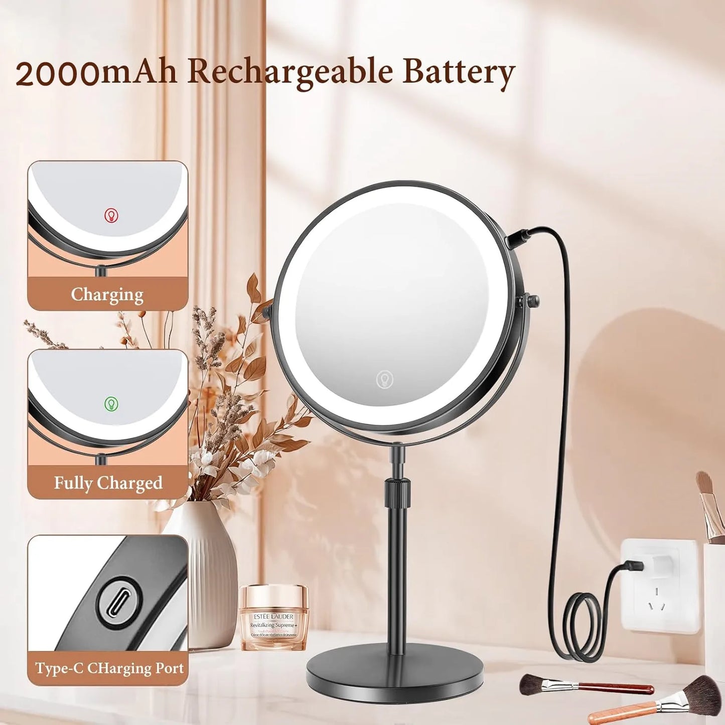 8-Inch Makeup Mirror with Light – 10X Magnification, 3 Color LED, Adjustable Brightness & Height Standing Cosmetic Mirror