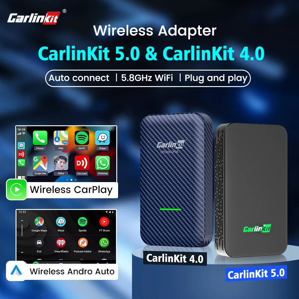 CarlinKit 5.0 & 4.0 Wireless CarPlay and Android Auto Adapter - Compatible with Audi, Golf, Peugeot, Mazda, KIA, Mercedes, MG - Supports Waze, Spotify, Music