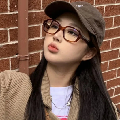 Retro Square Oval Blue Light Glasses – Thick Red Frame Korean Fashion Eyewear for Women