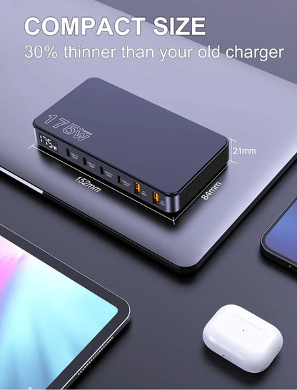 Ueetop 175W GaN USB-C Charger – 6-Port Desktop Charger with LED Display, PD 100W, PPS 45W Fast Charging for MacBook, Samsung, iPhone