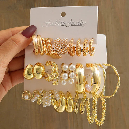 Gold Color Vintage Geometry Pearl Earrings Set – Metal Twine Square & Round Dangle Earrings for Women, Simple Trendy Party Jewelry