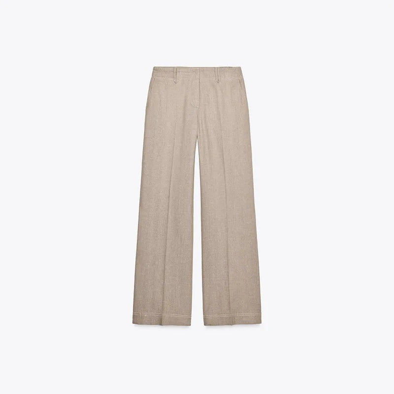 Women’s Cotton Linen Trousers Set — Casual Lapel Crop Top & Straight Pants Streetwear Spring Autumn Outfit
