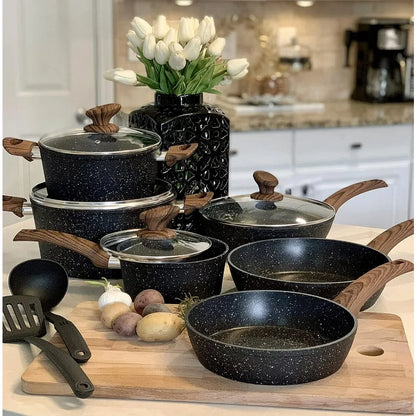 12 Piece Granite Black Nonstick Cookware Set - Induction Ready Pots and Pans
