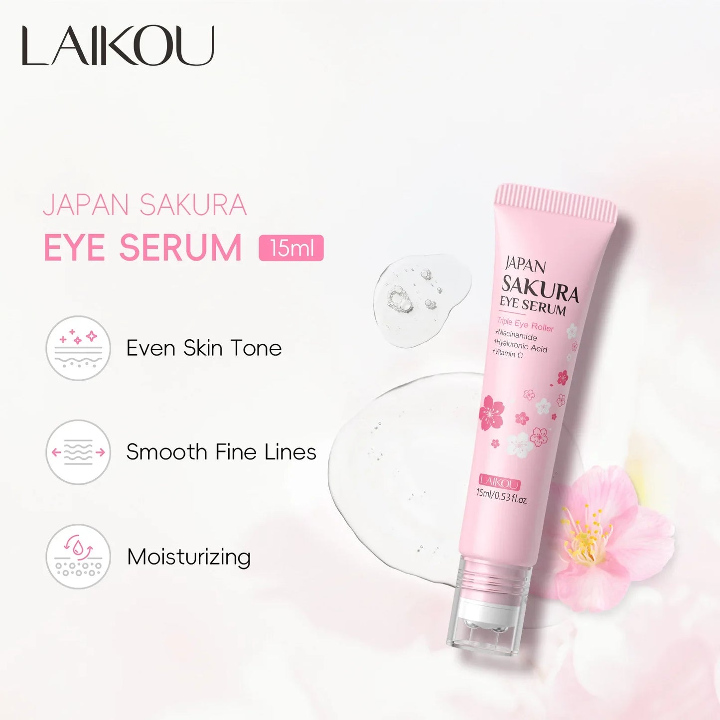 LAIKOU Sakura Eye Serum Roller — Hyaluronic Acid Moisturizing Cream for Eye Bags & Dark Circles, 15ml