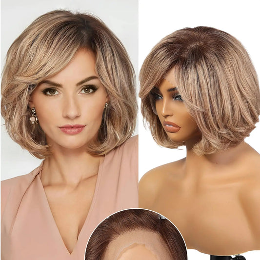 100% Remy Human Hair Transparent Lace Frontal Wig – Short Wavy Ash Brown Ombre Pixie Cut for White Women