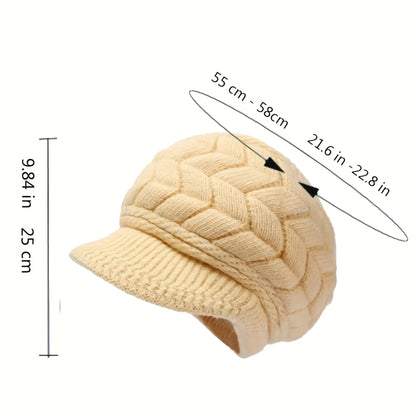Retro Women’s Winter Knitted Cap — Warm Cold Weather Hat with Sun Visor for Running, Camping, Walking, and Skiing