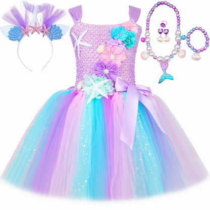 Princess Mermaid Dress for Girls - Pastel Floral Tutu Party & Halloween Costume Dress