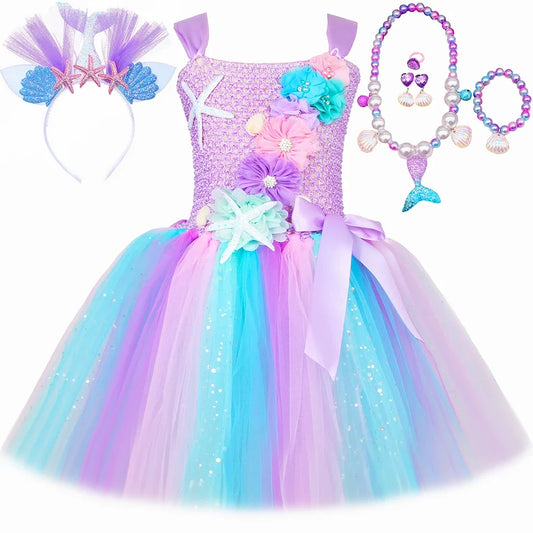 Princess Mermaid Dress for Girls - Pastel Floral Tutu Party & Halloween Costume Dress