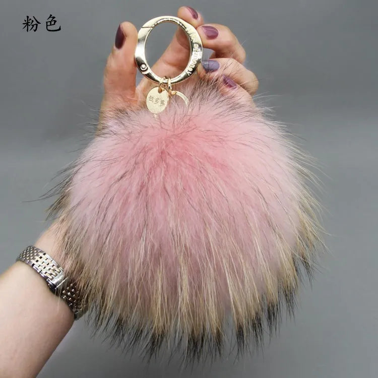 Luxury 15cm Fluffy Real Raccoon Fur Pom Pom Keychain – High-Quality Metal Ring Pendant for Women