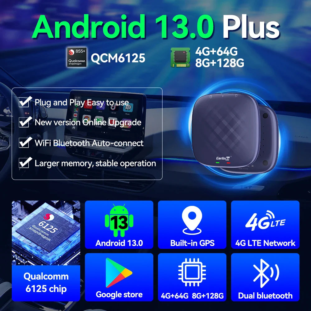 CarlinKit Android 13 AI TV Box - Android Auto Wireless CarPlay, QCM6125 8-Core, Split Screen, 64G/128G, Supports Netflix, YouTube, Play Store