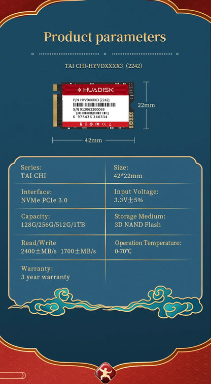 HUADISK M.2 NVMe SSD 2242 PCIe Internal Solid State Drive | 128GB 256GB 512GB 1TB for Orange Pi 5, Lenovo S540