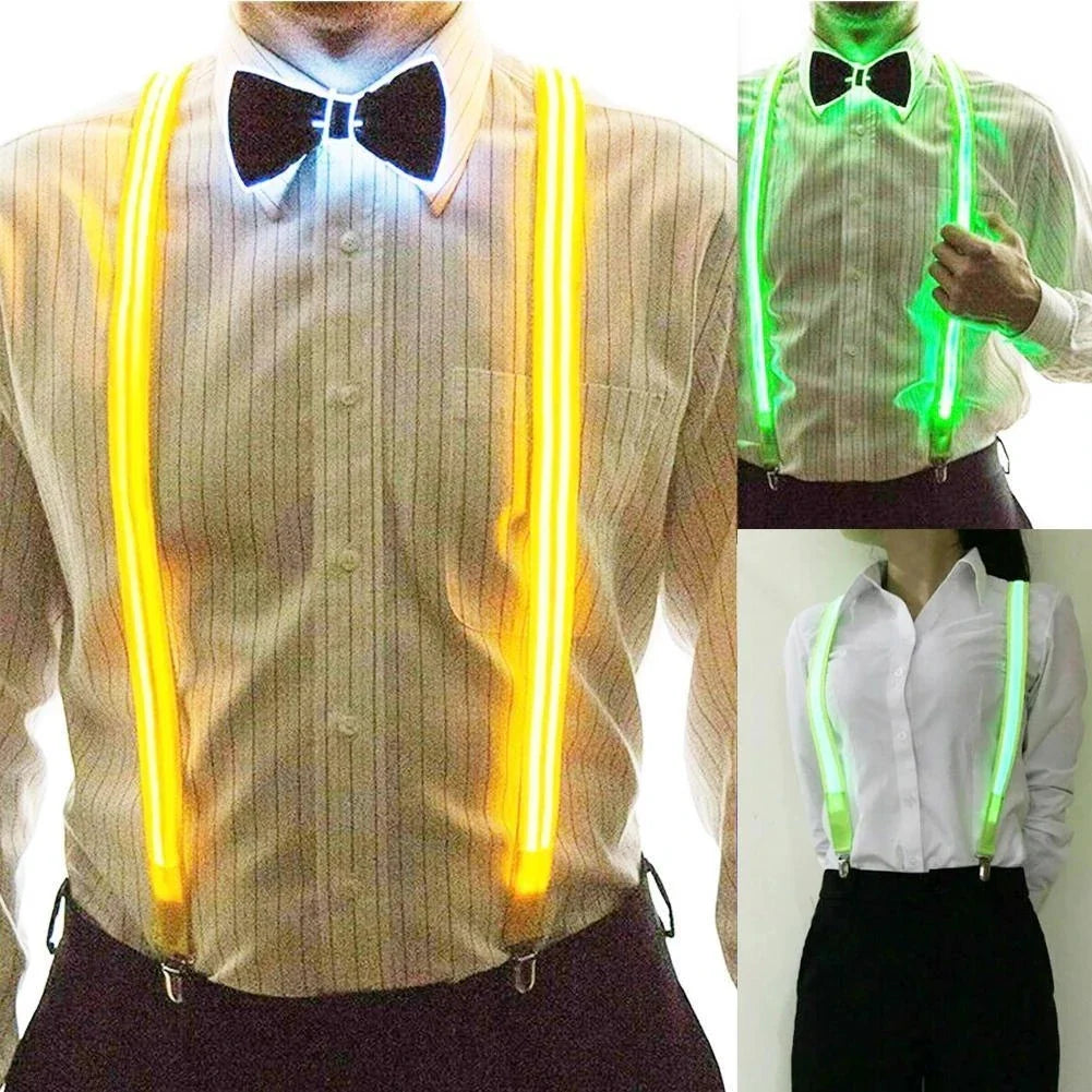 LED Light-Up Suspenders & Bow Tie Set: Adjustable Elastic Pants Suspender for Men & Women - Perfect for Music Festivals & Costume Parties