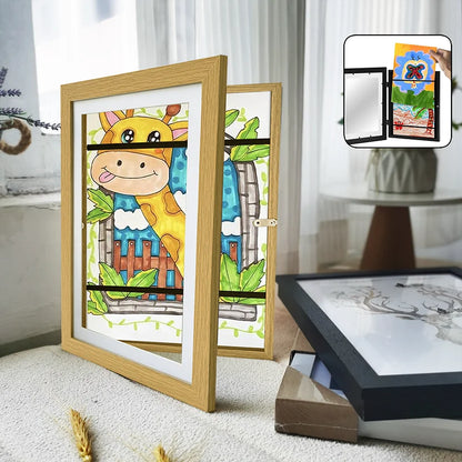 Wooden Flap Art Frames – Magnetic A4 Photo Frame for DIY Paintings, Children's Exhibition, and Home Decoration Storage Rack