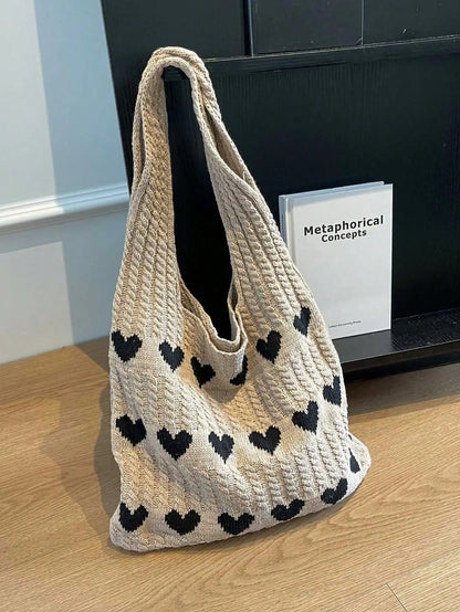 Heart Pattern Color-Block Crochet Handbag – Large Capacity Shoulder Beach & Commute Tote Bag, Fashion Versatile Daily Carry Bag