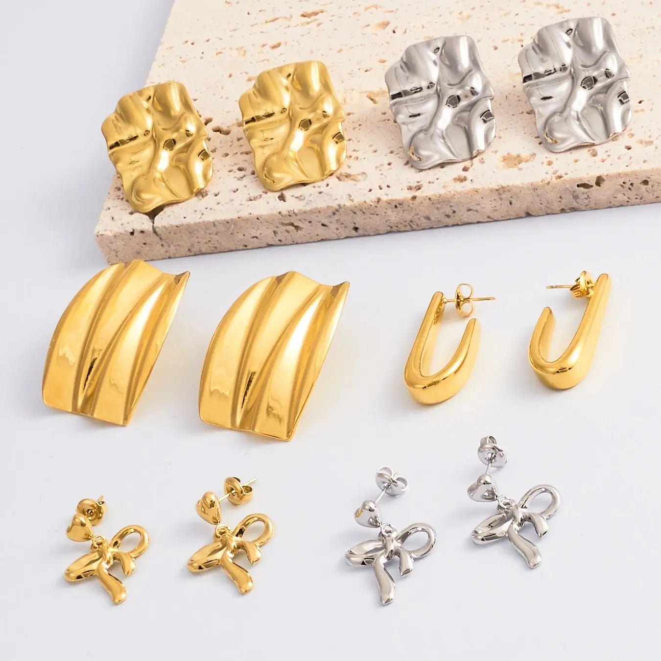 CARLIDANA 18K Gold Plated Titanium Steel Square Earrings – Waterproof Wrinkle-Shaped Jewelry
