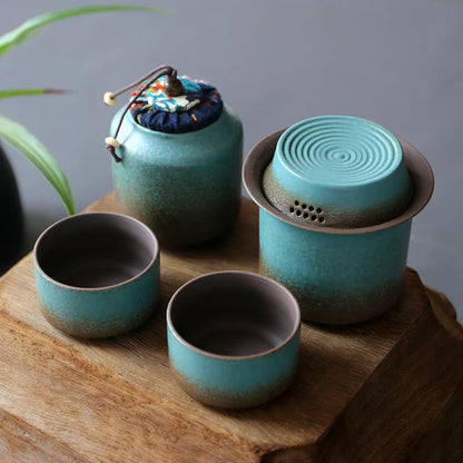 Kiln-Change Vintage Spring Green Pottery Tea Set – 1 Pot & 4 Cups, Simple Small Set for Outdoor or Tea Room