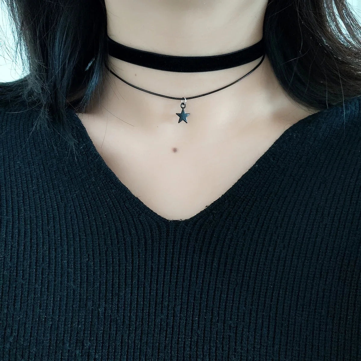 Black Velvet Pentagram Choker - Double Pendant Strap Necklace for Women, Gothic Fashion Accessory