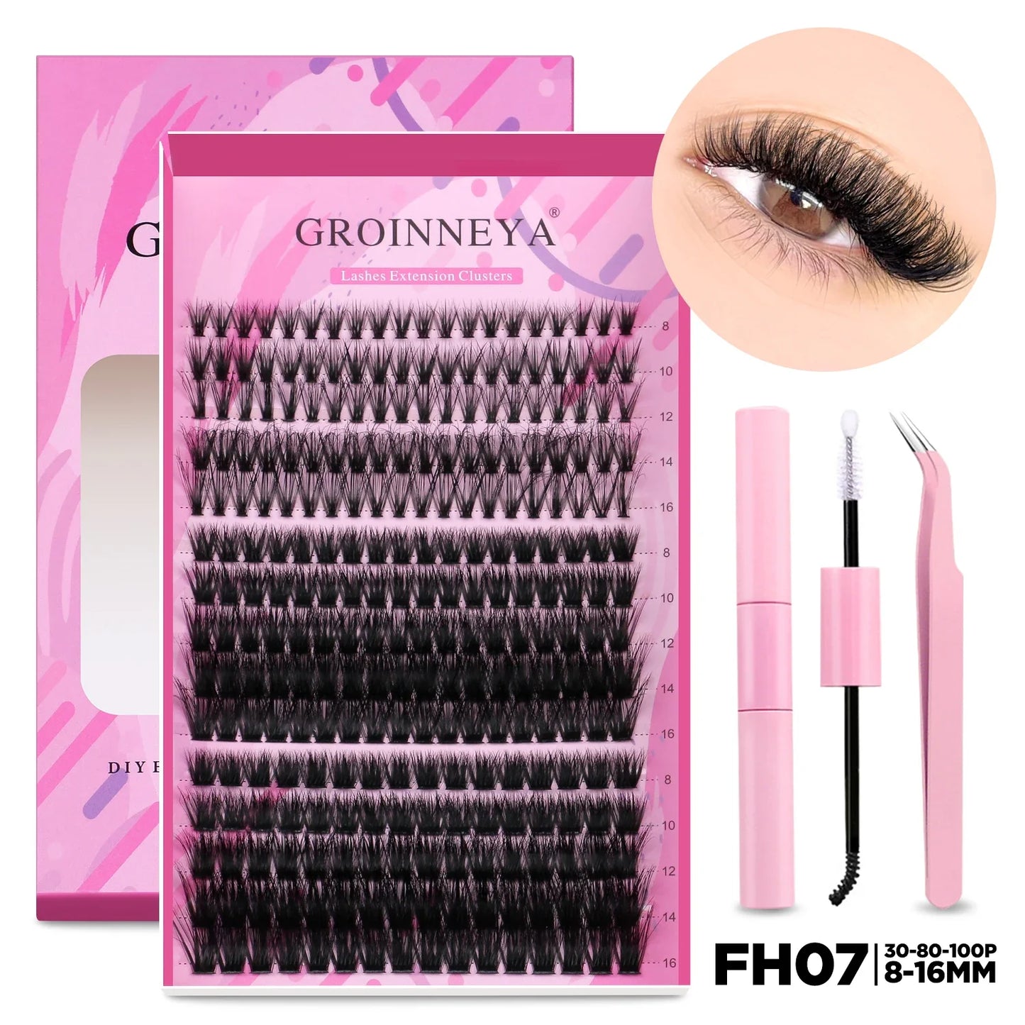 GROINNEYA DIY Lash Extension Kit – Cluster & Individual Lashes Set with Lash Bond & Seal for At-Home Eyelash Extension Makeup