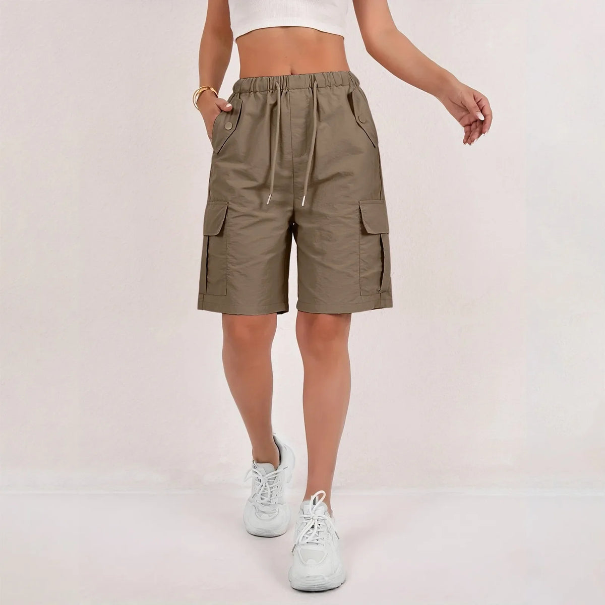 Women’s High-Waisted Cargo Shorts - Loose Straight-Leg Drawstring Sports Shorts with Multiple Pockets