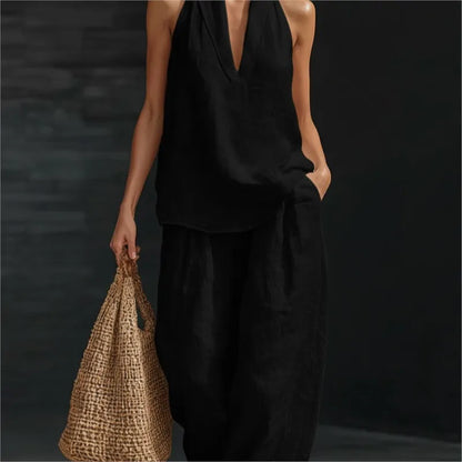 Women’s 2-Piece Summer Outfit – Halter Neck V-Neck Sleeveless Top & Loose Trousers Casual Matching Set