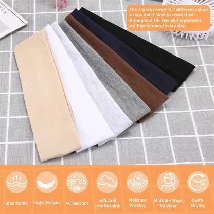 7pcs Summer Sports Yoga Headbands for Women – Adjustable Elastic Sweat-Absorbent Hair Bands, Solid Headbands for Men & Women Running