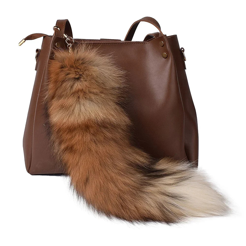 Natural Fox Fur Tail Keychain – 40cm Furry Racoon Bag Charm & Fluffy Keyring Accessory for Women