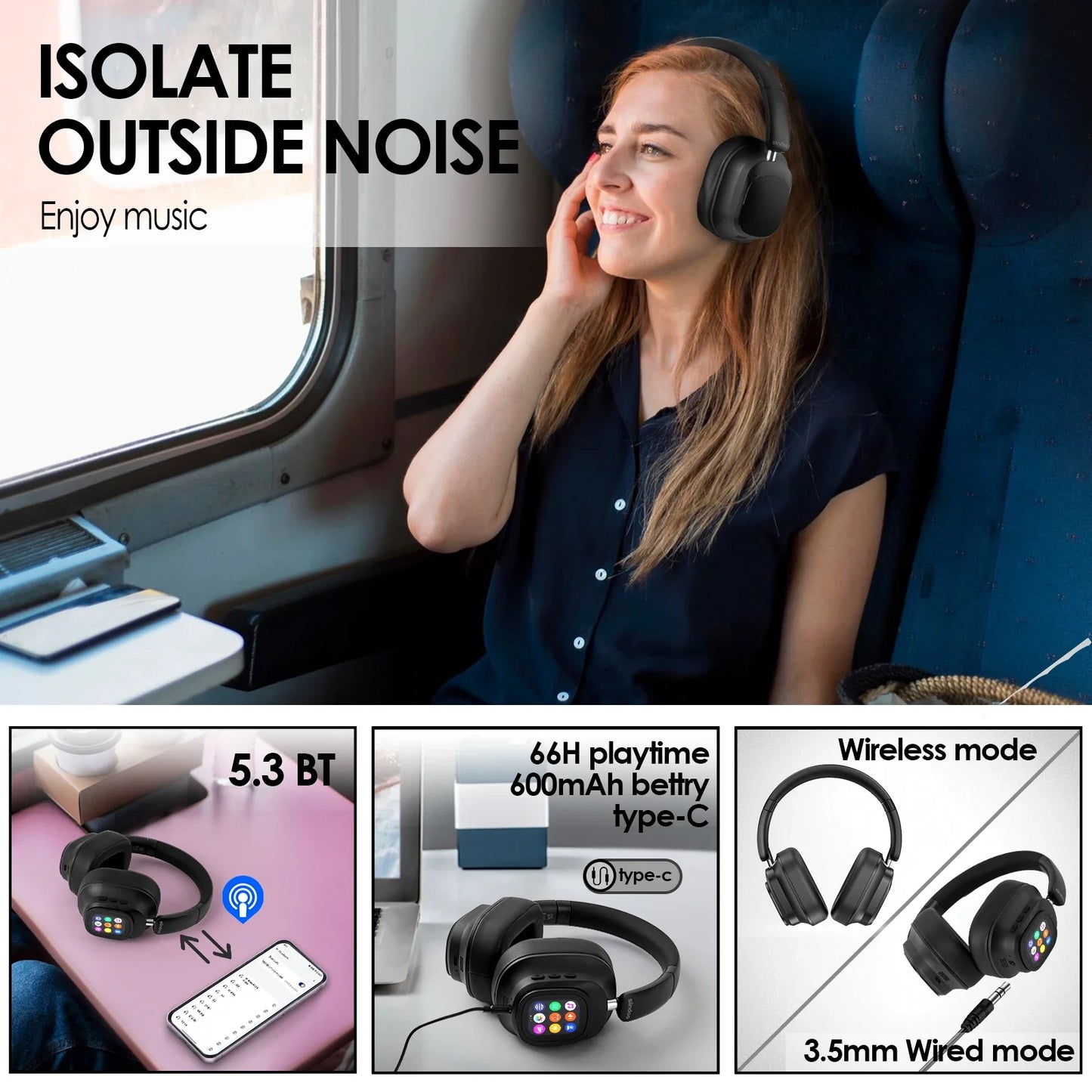 Siindoo JH-ANC930Plus Hybrid Wireless Headphones – Active Noise Cancelling with Multi Magnetic Touch Control & LED Display